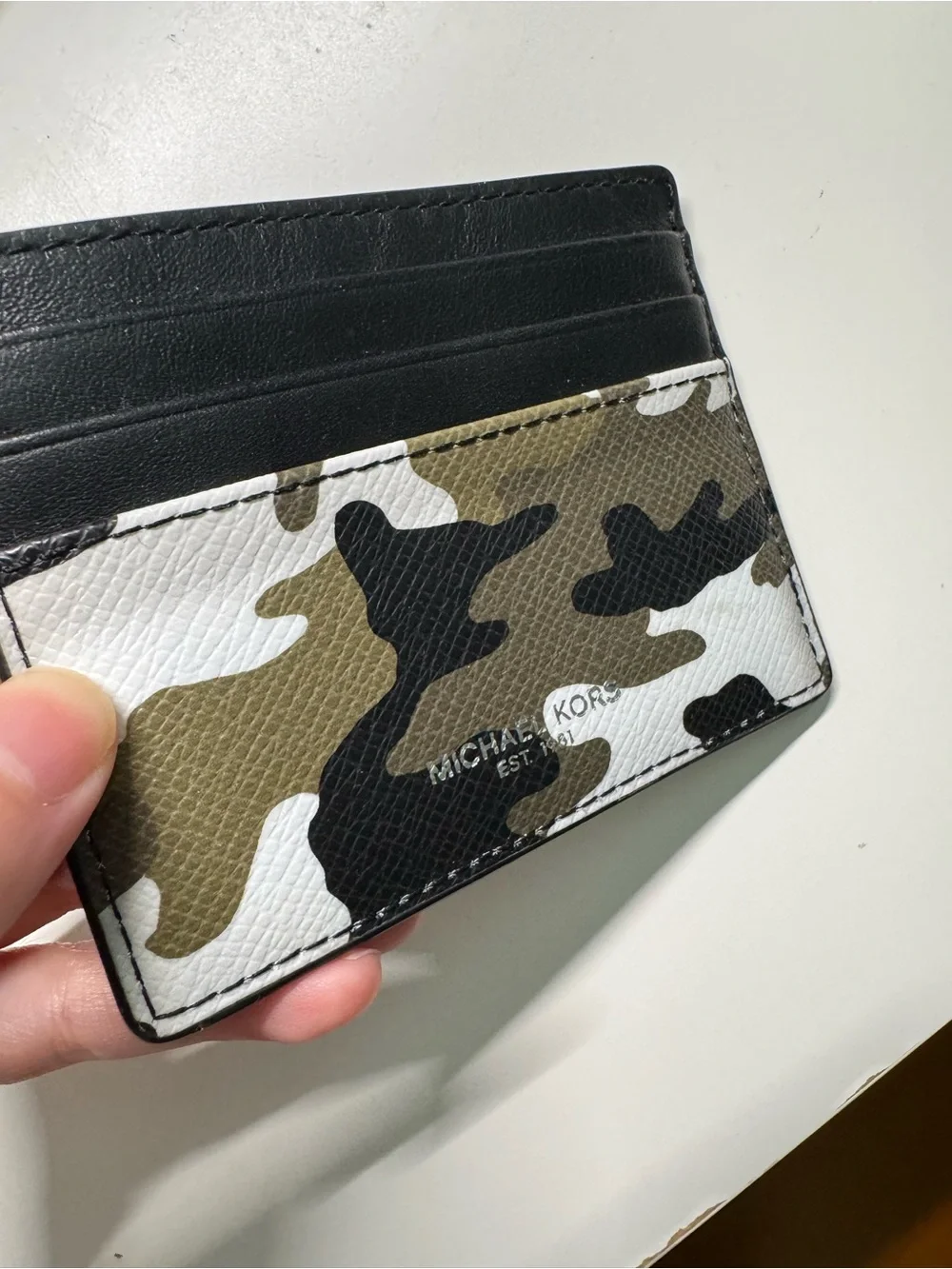 Michael Kors Black & Green Camo Leather Card Holder